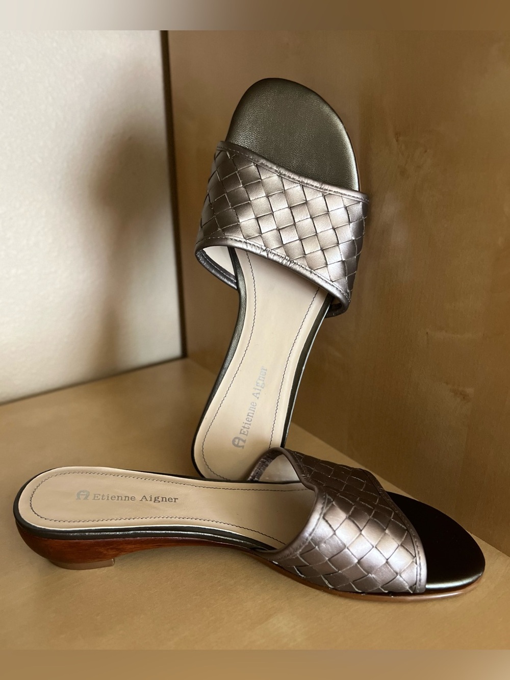 Etienne Aigner Narien Metallic Pewter Woven Leather Slides with Low Wooden Heels